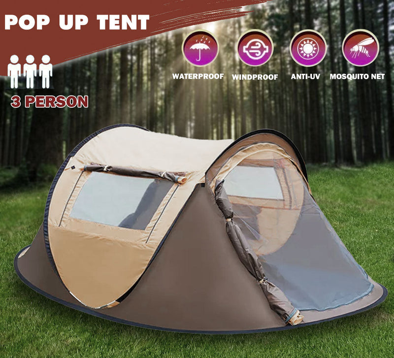 Waterproof Instant Up Beach Camping Tent 3 Person Pop up Tents Family Hiking Dome - Outbackers