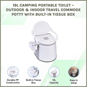 19L Camping Portable Toilet – Outdoor & Indoor Travel Commode Potty with Built-In Tissue Box - Outbackers