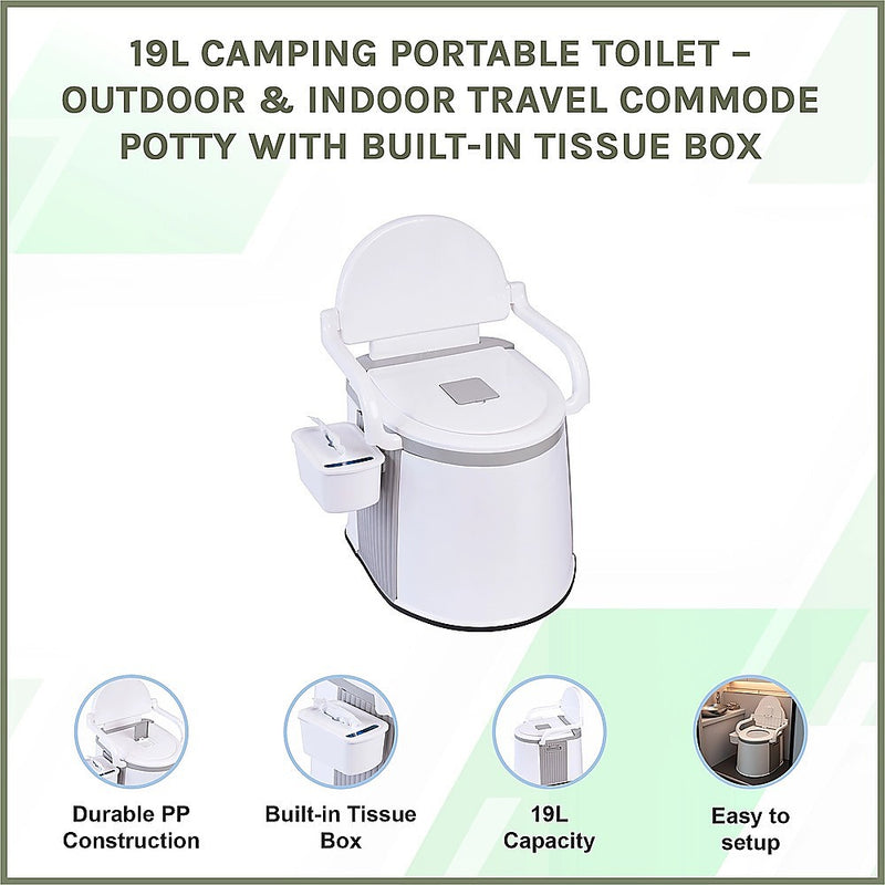 19L Camping Portable Toilet – Outdoor & Indoor Travel Commode Potty with Built-In Tissue Box - Outbackers