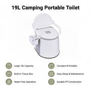 19L Camping Portable Toilet – Outdoor & Indoor Travel Commode Potty with Built-In Tissue Box - Outbackers