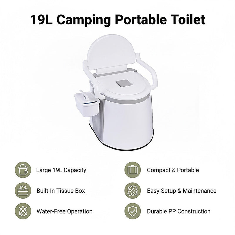19L Camping Portable Toilet – Outdoor & Indoor Travel Commode Potty with Built-In Tissue Box - Outbackers