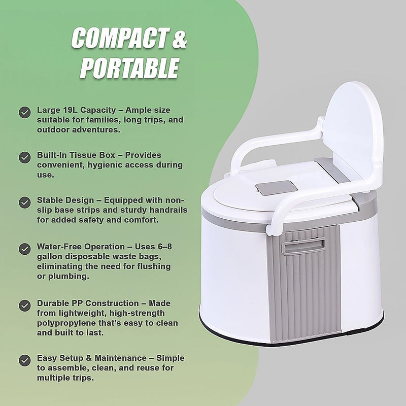 19L Camping Portable Toilet – Outdoor & Indoor Travel Commode Potty with Built-In Tissue Box - Outbackers