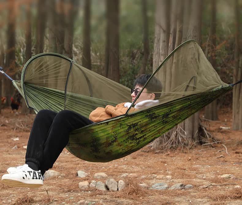 Military Green Outdoor Camping Hammock with Mosquito Net, Anti-Tip Nylon Fabric, Single/Double Person Quick-Setup Hammock - Outbackers