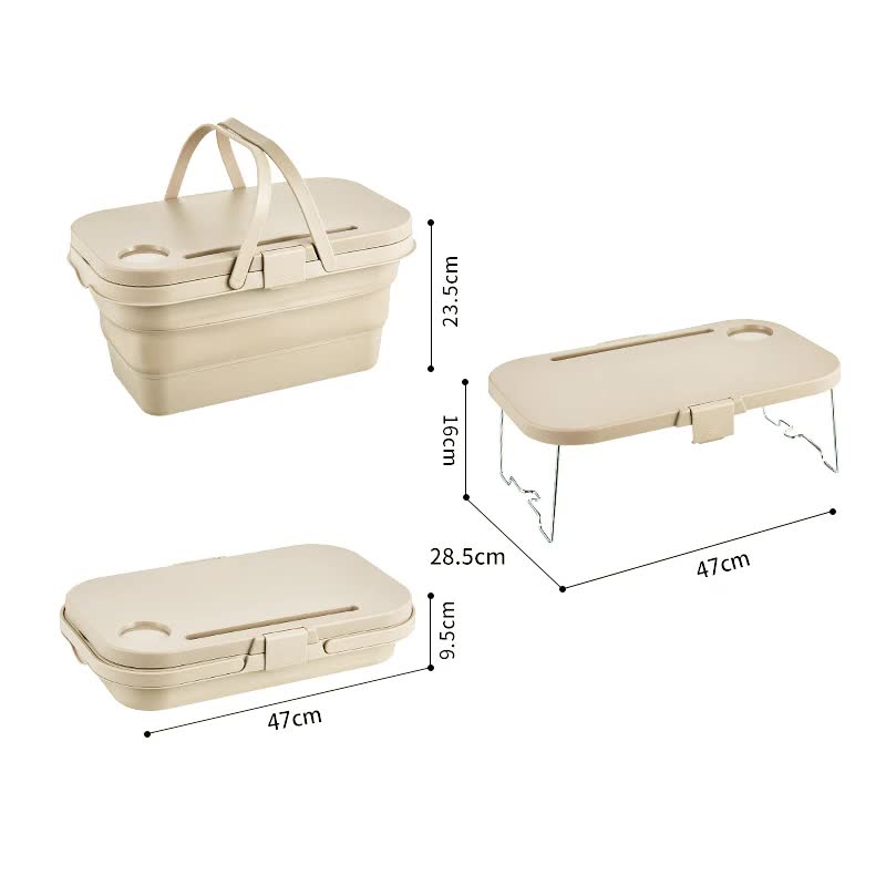 Grey Foldable Outdoor Picnic Basket with Lid and Tabletop, Camping Storage Box, Car-Friendly Organizer - Outbackers