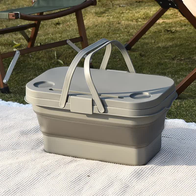 Army Green Foldable Outdoor Picnic Basket with Lid and Tabletop, Camping Storage Box, Car-Friendly Organizer - Outbackers