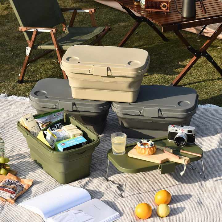 Army Green Foldable Outdoor Picnic Basket with Lid and Tabletop, Camping Storage Box, Car-Friendly Organizer - Outbackers