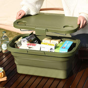 Army Green Foldable Outdoor Picnic Basket with Lid and Tabletop, Camping Storage Box, Car-Friendly Organizer - Outbackers
