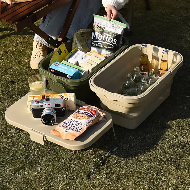 Army Green Foldable Outdoor Picnic Basket with Lid and Tabletop, Camping Storage Box, Car-Friendly Organizer - Outbackers