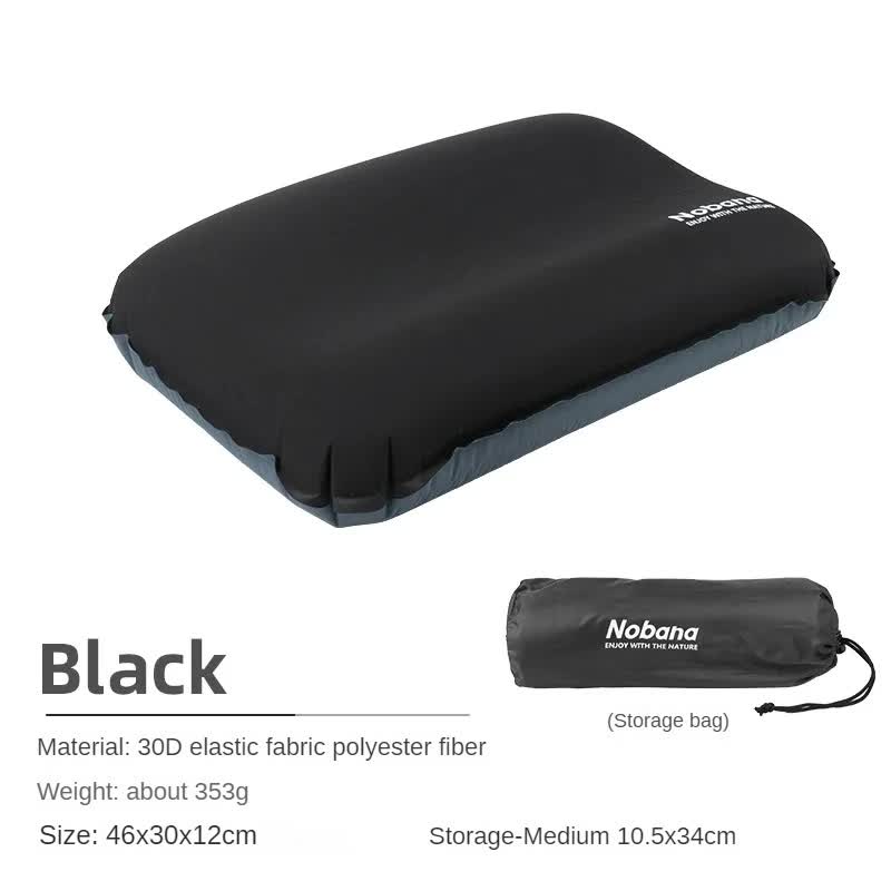 Black Automatic Inflatable 3D Outdoor Sponge Pillow - Portable Camping Travel Neck Cushion