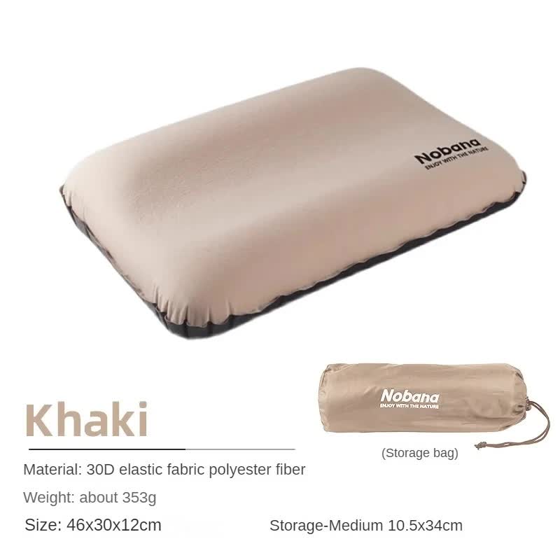 Khaki Automatic Inflatable 3D Outdoor Sponge Pillow - Portable Camping Travel Neck Cushion