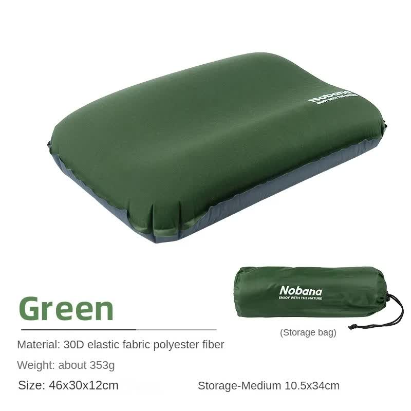 Dark Green Automatic Inflatable 3D Outdoor Sponge Pillow - Portable Camping Travel Neck Cushion