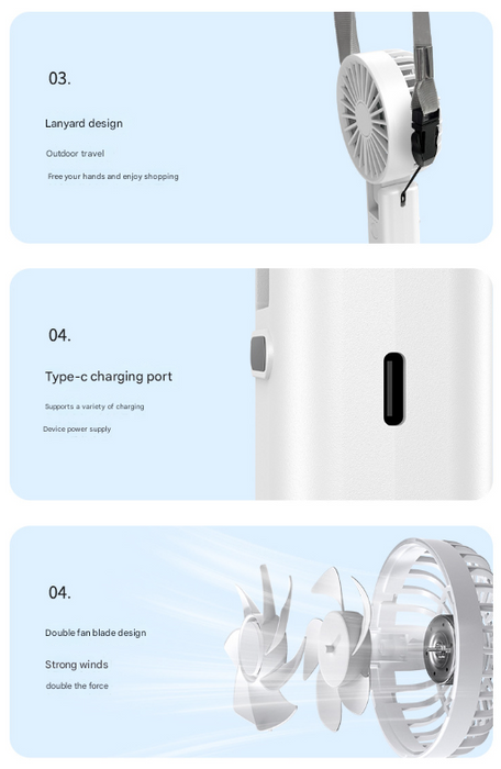 Dual-Blade Portable Neck Fan - Rechargeable USB Fan with Carabiner