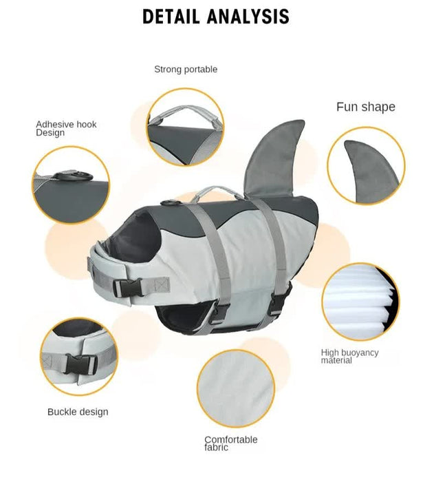 Size XL Grey Pet Life Jacket for Dogs - Summer Swimming Safety Vest with Shark Fin for Small to Large Breeds