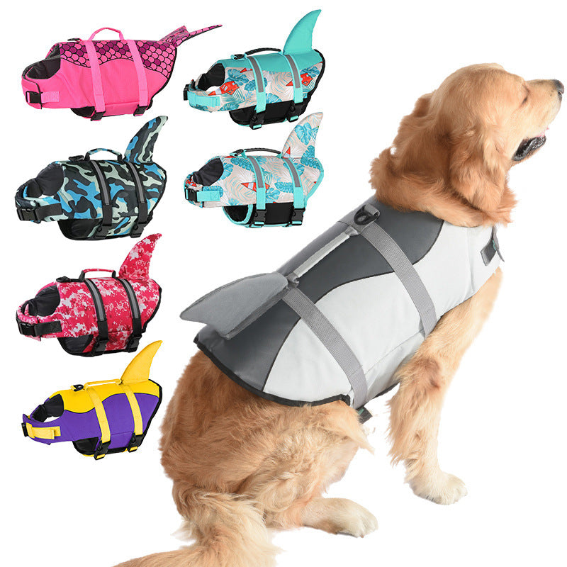 Size XS Blue Camouflage Pattern Pet Life Jacket for Dogs - Summer Swimming Safety Vest with Shark Fin for Small to Large Breeds