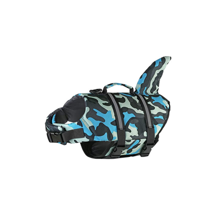 Size XL Blue Camouflage Pattern Pet Life Jacket for Dogs - Summer Swimming Safety Vest with Shark Fin for Small to Large Breeds