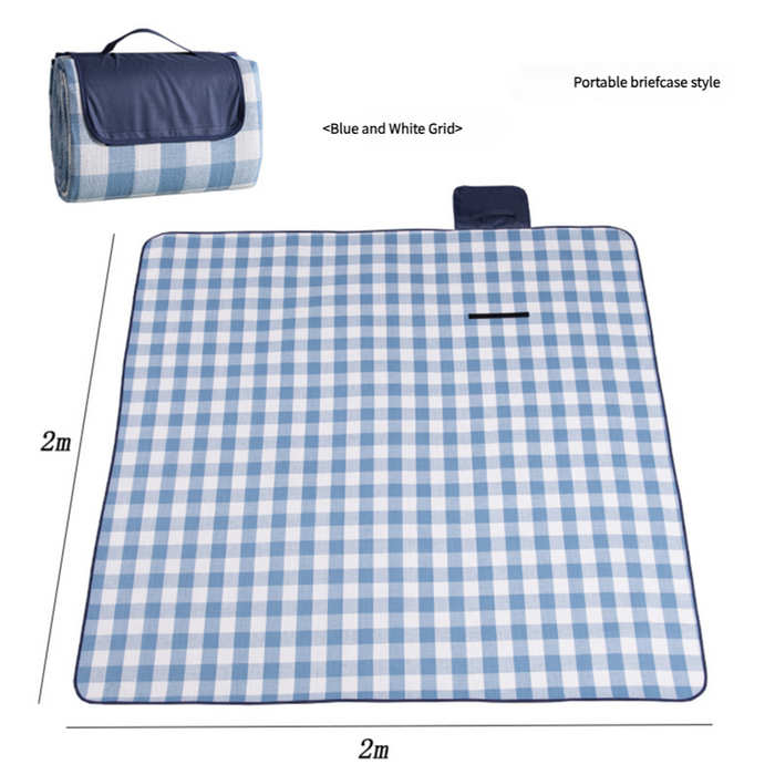 Waterproof Foldable Picnic Blanket with Handle - 2x2m Blue and white checkered