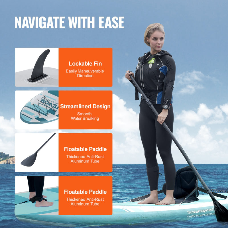 VEVOR Inflatable Stand Up Paddle Board, 152 mm SUP Paddleboard with Removable Kayak Seat, Board Accessories, Pump, Paddle, Fin, Backpack, Ankle Leash, and Repair Kit, for Youth & Adults