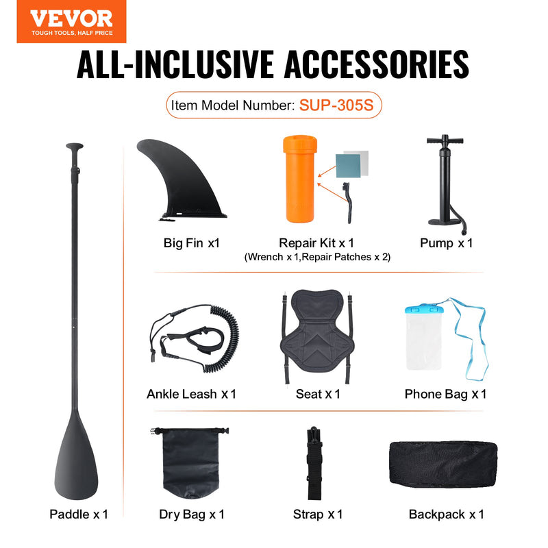 VEVOR Inflatable Stand Up Paddle Board, 152 mm SUP Paddleboard with Removable Kayak Seat, Board Accessories, Pump, Paddle, Fin, Backpack, Ankle Leash, and Repair Kit, for Youth & Adults