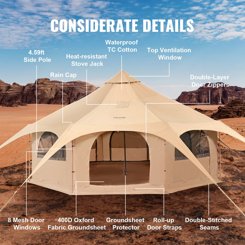 VEVOR Canvas Tent 4 Seasons 5 m/16.4 ft Bell Tent for Camping with Stove Jack - Outbackers