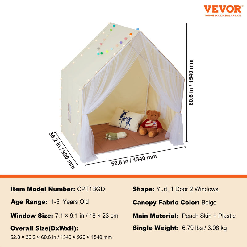 VEVOR Kids Play Tent, Kids Tent for Kids 1-5 Years Old, Toddler Tent with Mat and Tent Lamp, Tent for Kids with Windows for Indoor and Outdoor, Yurt Tent for Boys and Girls, Beige - Outbackers