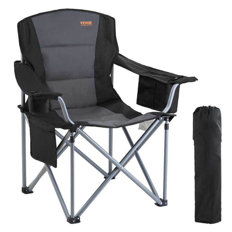 VEVOR Camping Folding Chair for Adults, Portable Heavy Duty Outdoor Quad Lumbar Back Padded Arm Chairs with Side Pockets, Cup Holder and Cooler Bag for Beach, Lawn, Picnic, Fishing, Backpacking, Black - Outbackers