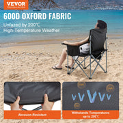 VEVOR Camping Folding Chair for Adults, Portable Heavy Duty Outdoor Quad Lumbar Back Padded Arm Chairs with Side Pockets, Cup Holder and Cooler Bag for Beach, Lawn, Picnic, Fishing, Backpacking, Black - Outbackers
