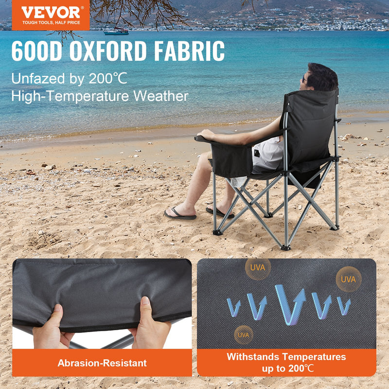 VEVOR Camping Folding Chair for Adults, Portable Heavy Duty Outdoor Quad Lumbar Back Padded Arm Chairs with Side Pockets, Cup Holder and Cooler Bag for Beach, Lawn, Picnic, Fishing, Backpacking, Black - Outbackers