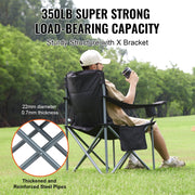 VEVOR Camping Folding Chair for Adults, Portable Heavy Duty Outdoor Quad Lumbar Back Padded Arm Chairs with Side Pockets, Cup Holder and Cooler Bag for Beach, Lawn, Picnic, Fishing, Backpacking, Black - Outbackers