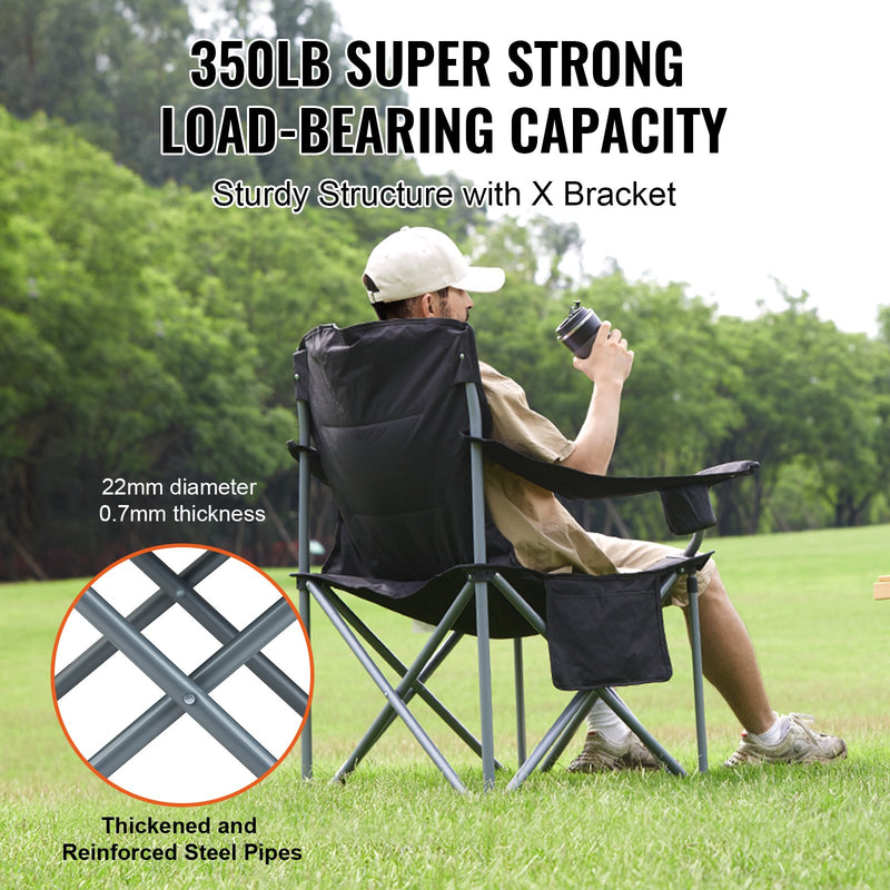VEVOR Camping Folding Chair for Adults, Portable Heavy Duty Outdoor Quad Lumbar Back Padded Arm Chairs with Side Pockets, Cup Holder and Cooler Bag for Beach, Lawn, Picnic, Fishing, Backpacking, Black - Outbackers