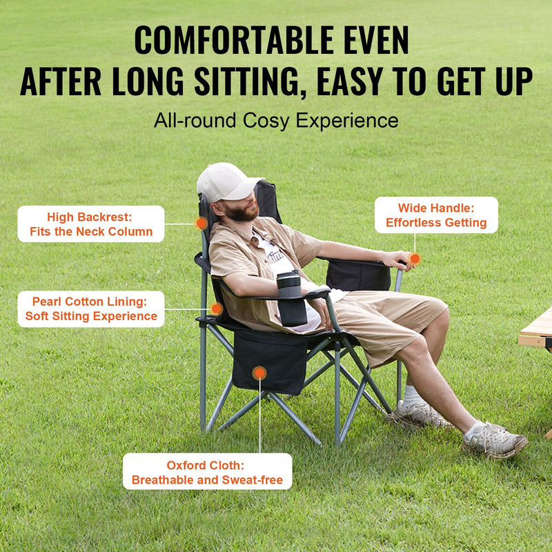 VEVOR Camping Folding Chair for Adults, Portable Heavy Duty Outdoor Quad Lumbar Back Padded Arm Chairs with Side Pockets, Cup Holder and Cooler Bag for Beach, Lawn, Picnic, Fishing, Backpacking, Black - Outbackers
