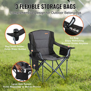 VEVOR Camping Folding Chair for Adults, Portable Heavy Duty Outdoor Quad Lumbar Back Padded Arm Chairs with Side Pockets, Cup Holder and Cooler Bag for Beach, Lawn, Picnic, Fishing, Backpacking, Black - Outbackers