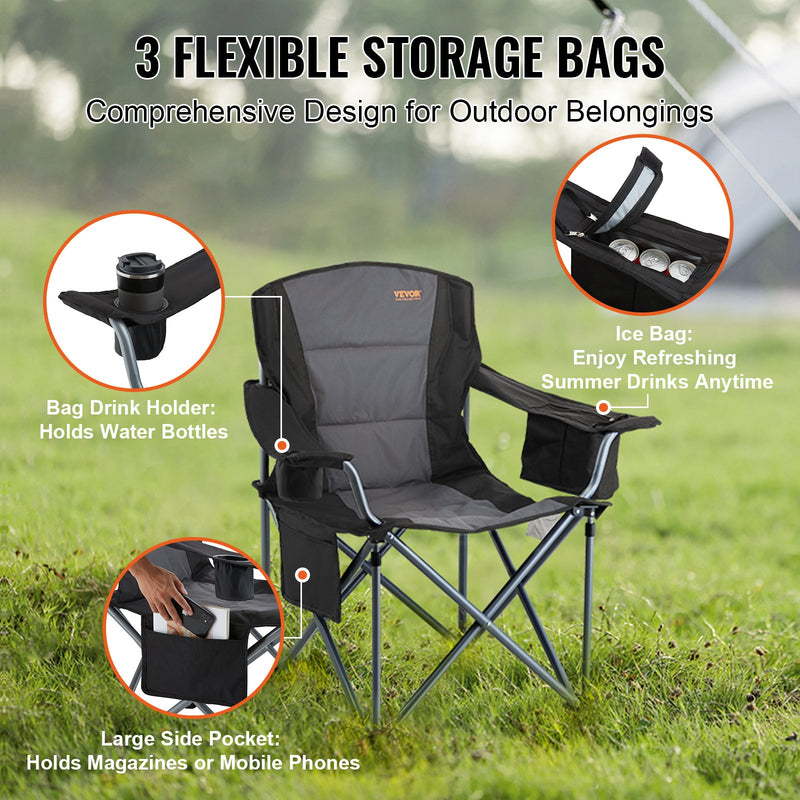 VEVOR Camping Folding Chair for Adults, Portable Heavy Duty Outdoor Quad Lumbar Back Padded Arm Chairs with Side Pockets, Cup Holder and Cooler Bag for Beach, Lawn, Picnic, Fishing, Backpacking, Black - Outbackers