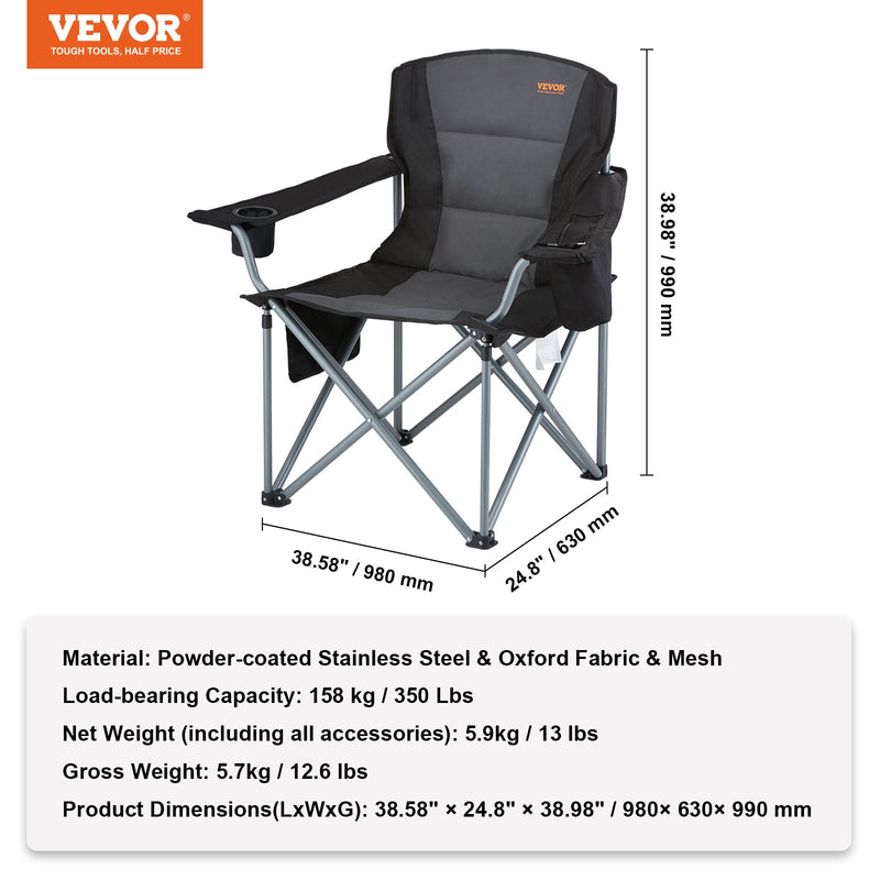 VEVOR Camping Folding Chair for Adults, Portable Heavy Duty Outdoor Quad Lumbar Back Padded Arm Chairs with Side Pockets, Cup Holder and Cooler Bag for Beach, Lawn, Picnic, Fishing, Backpacking, Black - Outbackers