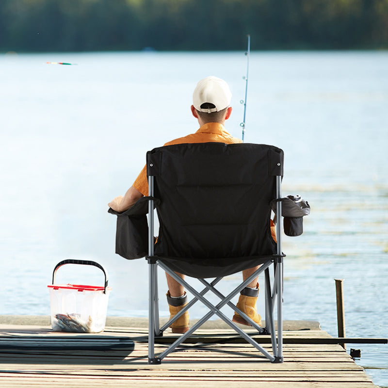 VEVOR Camping Folding Chair for Adults, Portable Heavy Duty Outdoor Quad Lumbar Back Padded Arm Chairs with Side Pockets, Cup Holder and Cooler Bag for Beach, Lawn, Picnic, Fishing, Backpacking, Black - Outbackers