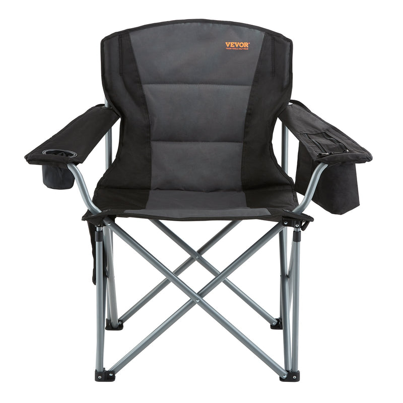 VEVOR Camping Folding Chair for Adults, Portable Heavy Duty Outdoor Quad Lumbar Back Padded Arm Chairs with Side Pockets, Cup Holder and Cooler Bag for Beach, Lawn, Picnic, Fishing, Backpacking, Black - Outbackers