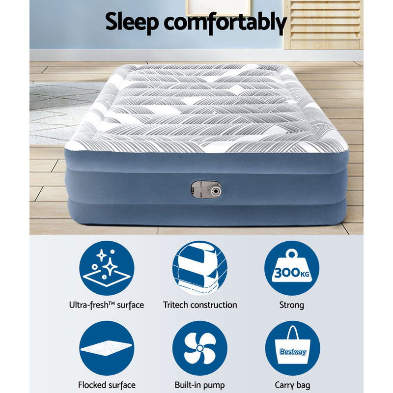 Bestway Air Mattress Bed Queen Size Inflatable Camping Beds Print Top Carry Bag - Outbackers