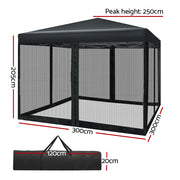 Instahut Gazebo Pop Up Marquee 3x3 Wedding Side Mesh Wall Outdoor Gazebos Black - Outbackers