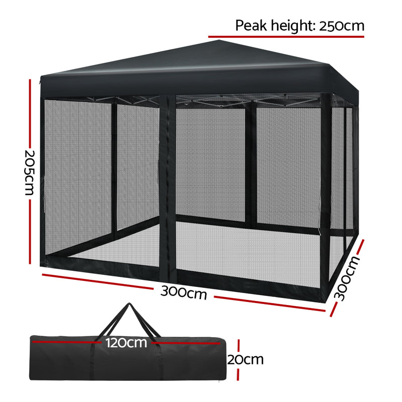 Instahut Gazebo Pop Up Marquee 3x3 Wedding Side Mesh Wall Outdoor Gazebos Black - Outbackers