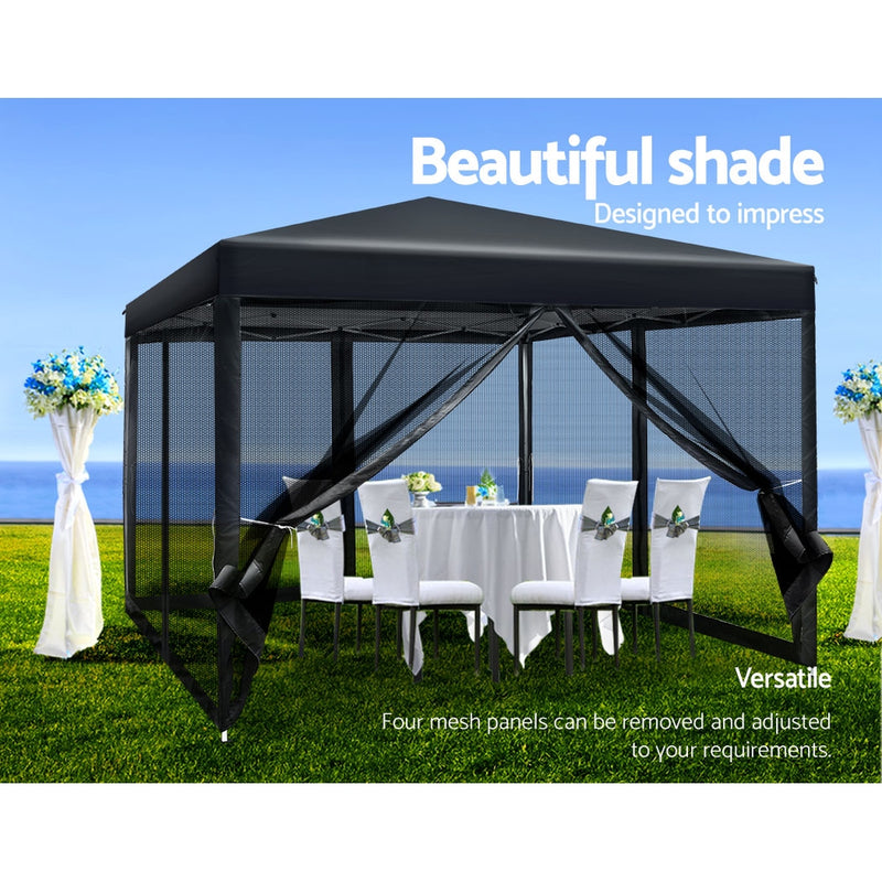 Instahut Gazebo Pop Up Marquee 3x3 Wedding Side Mesh Wall Outdoor Gazebos Black - Outbackers