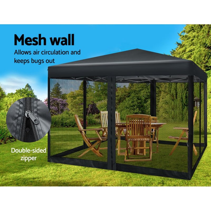 Instahut Gazebo Pop Up Marquee 3x3 Wedding Side Mesh Wall Outdoor Gazebos Black - Outbackers