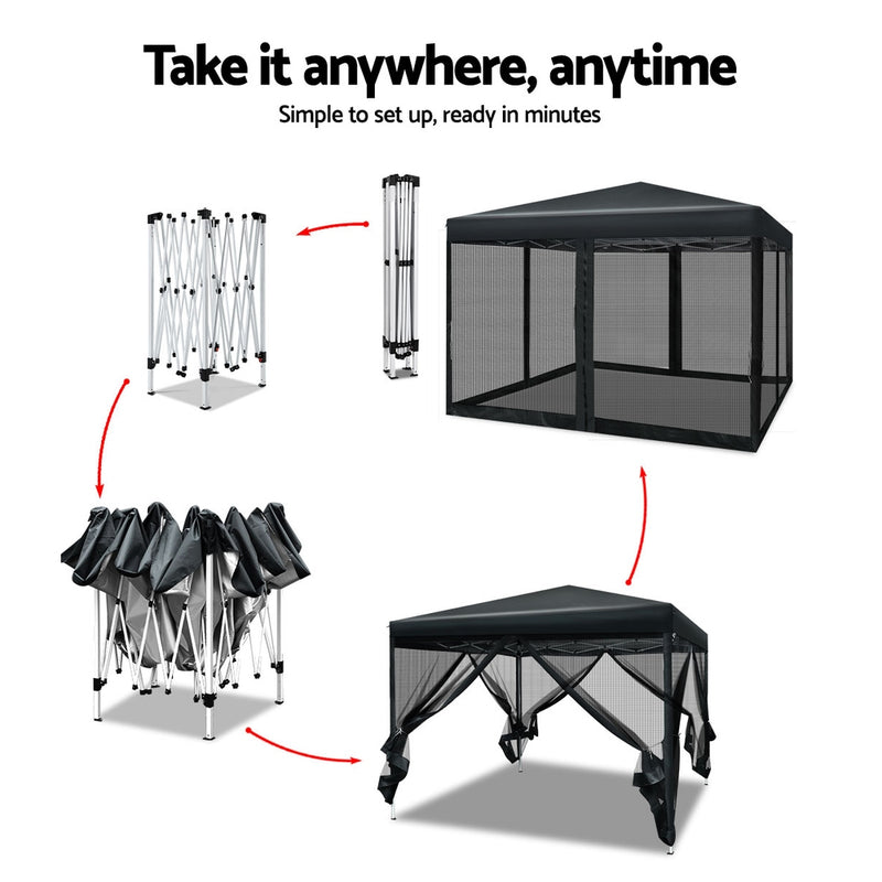 Instahut Gazebo Pop Up Marquee 3x3 Wedding Side Mesh Wall Outdoor Gazebos Black - Outbackers