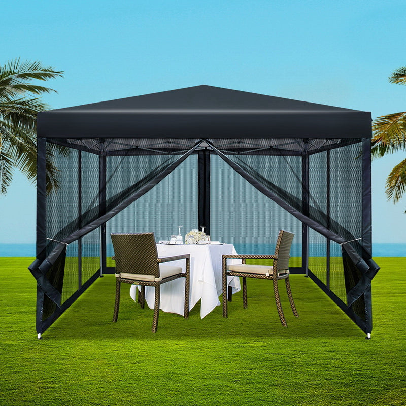 Instahut Gazebo Pop Up Marquee 3x3 Wedding Side Mesh Wall Outdoor Gazebos Black - Outbackers