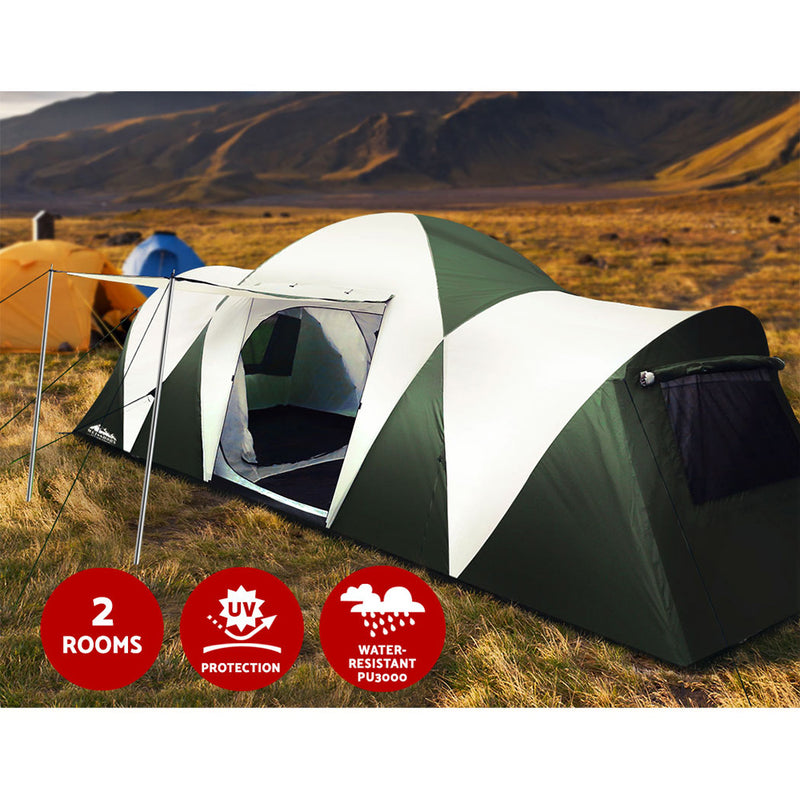 Weisshorn Family Camping Tent 12 Person Hiking Beach Tents (3 Rooms) Green - Outbackers