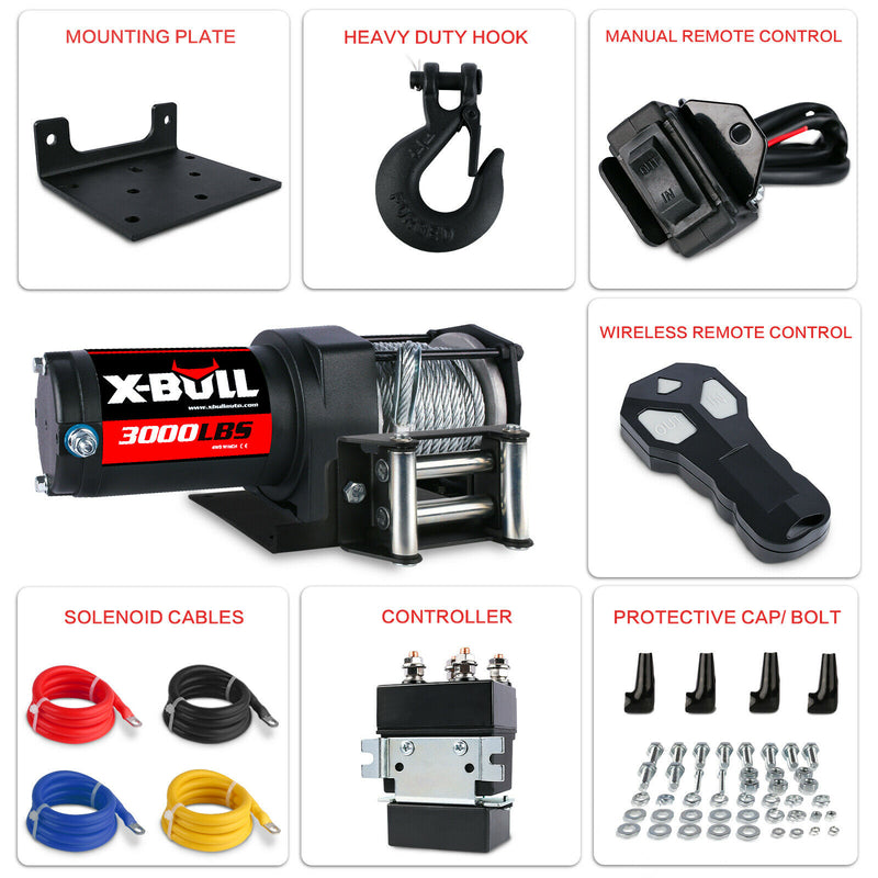 X-BULL Electric Winch 12V 3000LBS Steel Cable Wireless remote ATV UTV Boat Trailer - Outbackers