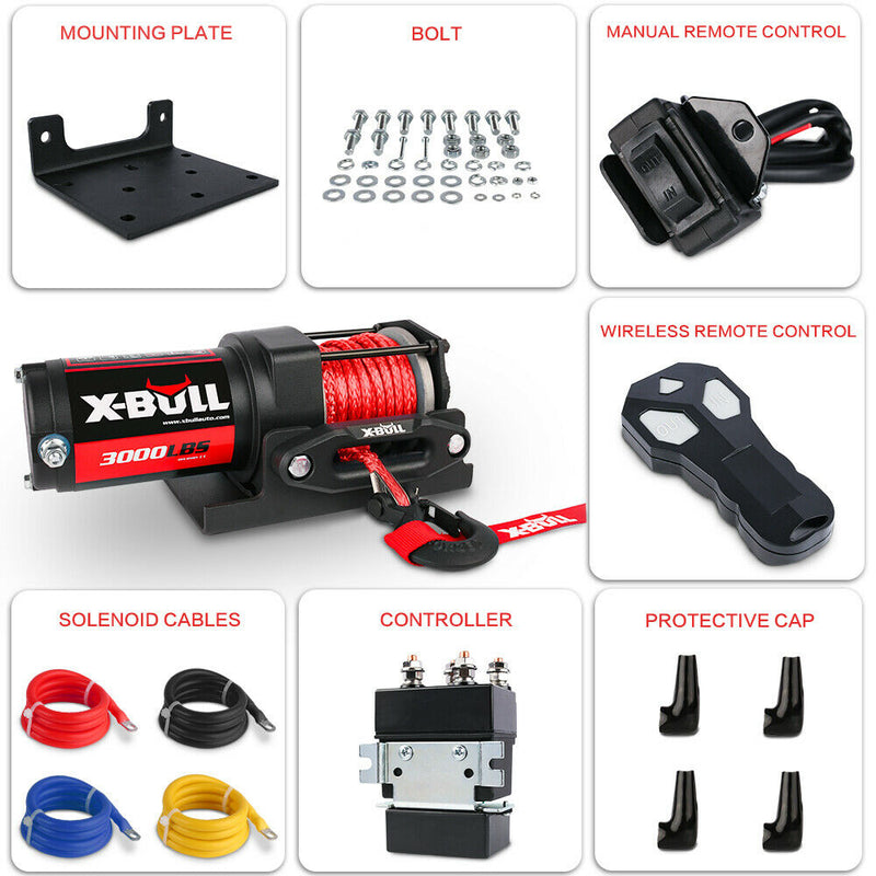 X-BULL Electric Winch 12V 3000LBS Synthetic Rope Wireless remote ATV UTV Boat Trailer - Outbackers