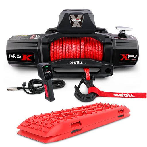 X-BULL 12V Electric Winch 14500LBS synthetic rope with Recovery Tracks Gen2.0 Red - Outbackers