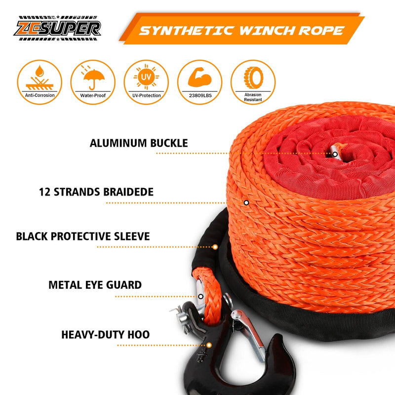 ZESUPER Winch Rope 9.5MM X 30M Dyneema SK75 Hook Synthetic Car Tow Recovery Cable Hook - Outbackers