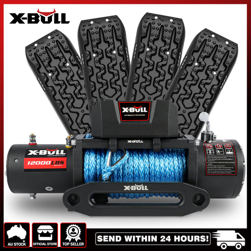 X-BULL 12V Electric Winch 12000LBS synthetic rope with 4PCS Recovery Tracks Gen3.0 Black - Outbackers