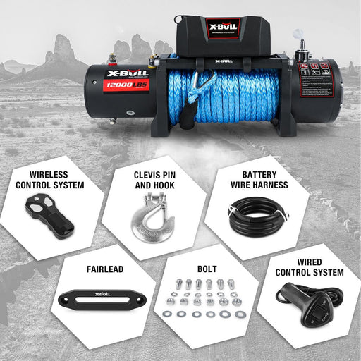 X-BULL 12000LB Electric Winch 12V synthetic rope 4WD with Recovery Tracks Gen3.0 Black - Outbackers