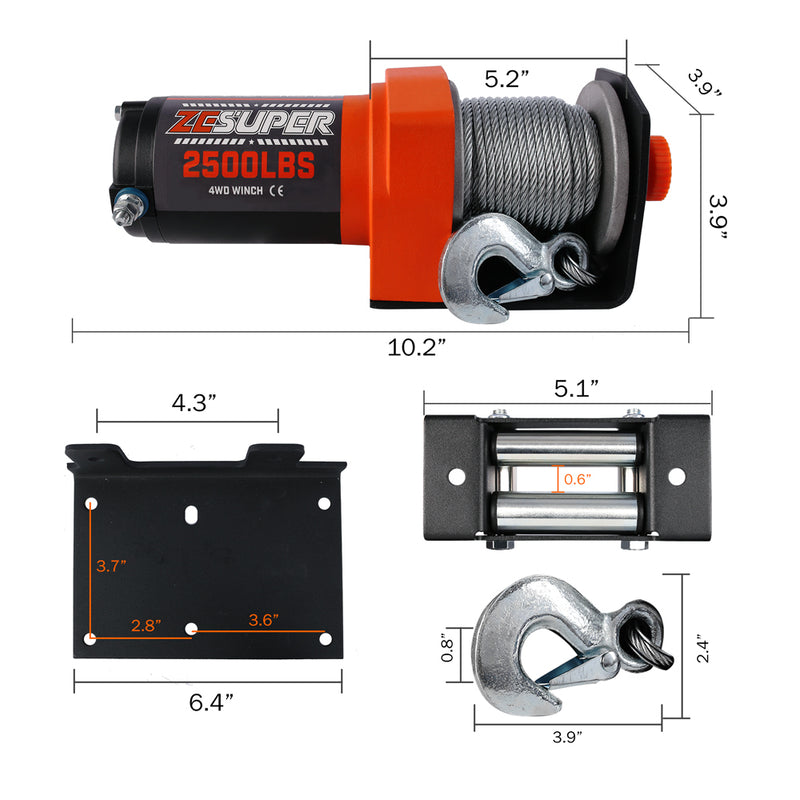 ZESUPER Electric Winch 2500LBS/1134KG 12V 15.2M Steel Cable ATV UTV 4WD 4X4 Boat - Outbackers